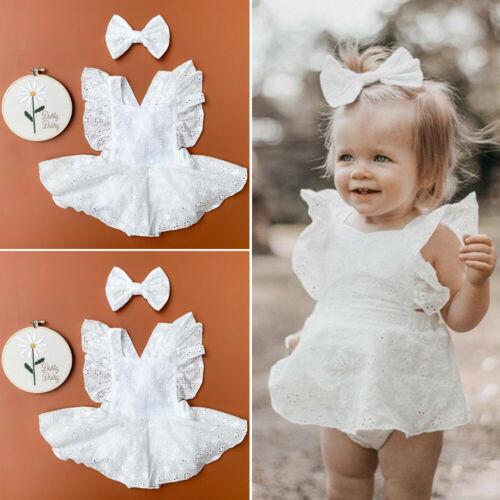 Baby Girls Ruffle Romper Dress, Sleeveless Lace Solid Color Summer Tutu Bodysuit+Bowknot Headband
