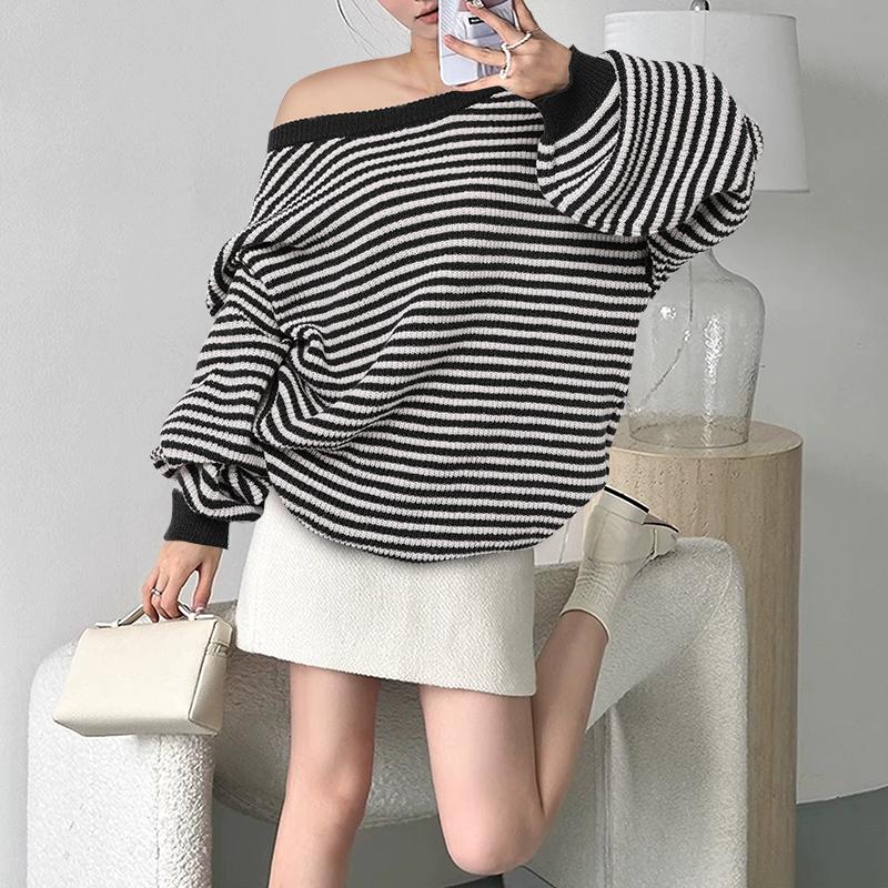VONDA Women Jumpers Long Sleeve Striped Knitted Pullover Sweaters Knitwear