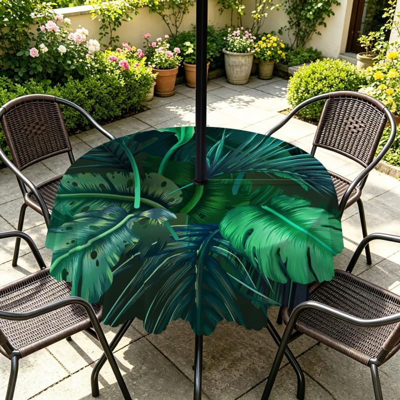Outdoor Round Tablecloth With Umbrella Hole Waterproof Oil Resistant Floral Leaf Patio Garden Deck