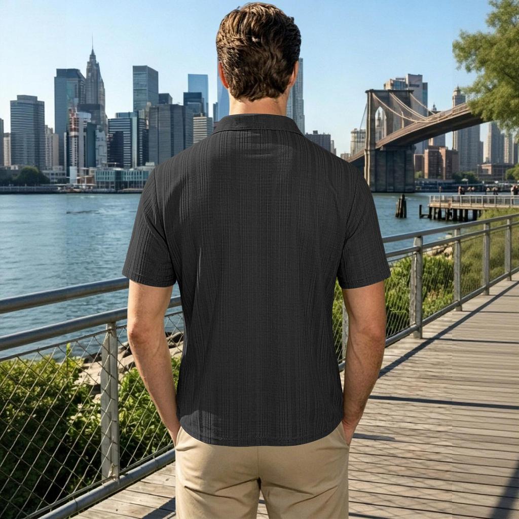 Men's Lightweight Short Sleeve Polo Shirt Breathable Fabric Loose Fit Casual Collared Shirt with Small Checkered Pattern Suitable for Large Sizes