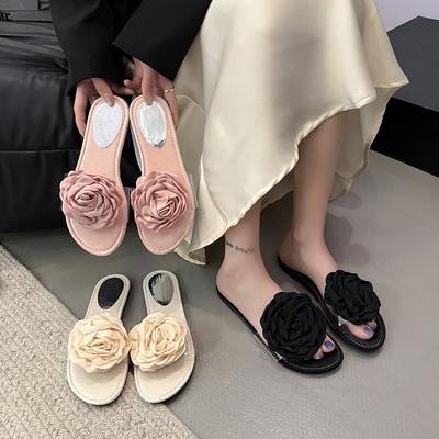 Damen Pantoffeln 2026 Neue Sommer Elegante Damenschuhe Trend Bequeme Flache Pantoffeln Modische Sandalen mit Blumen Hausschuhe Damen