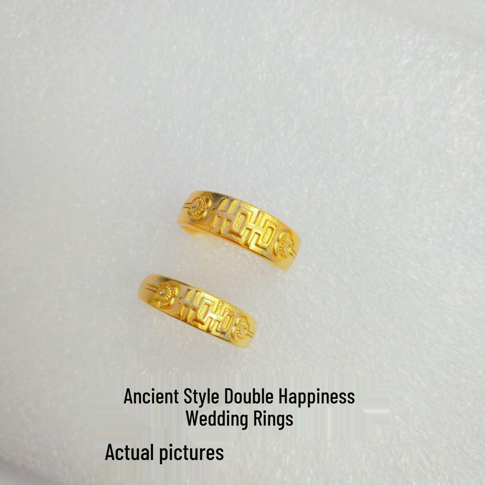 

Golden Ancient-Style Couple s Wedding Rings: Chinese Lotus & Double Happiness Band Adjustable Opening