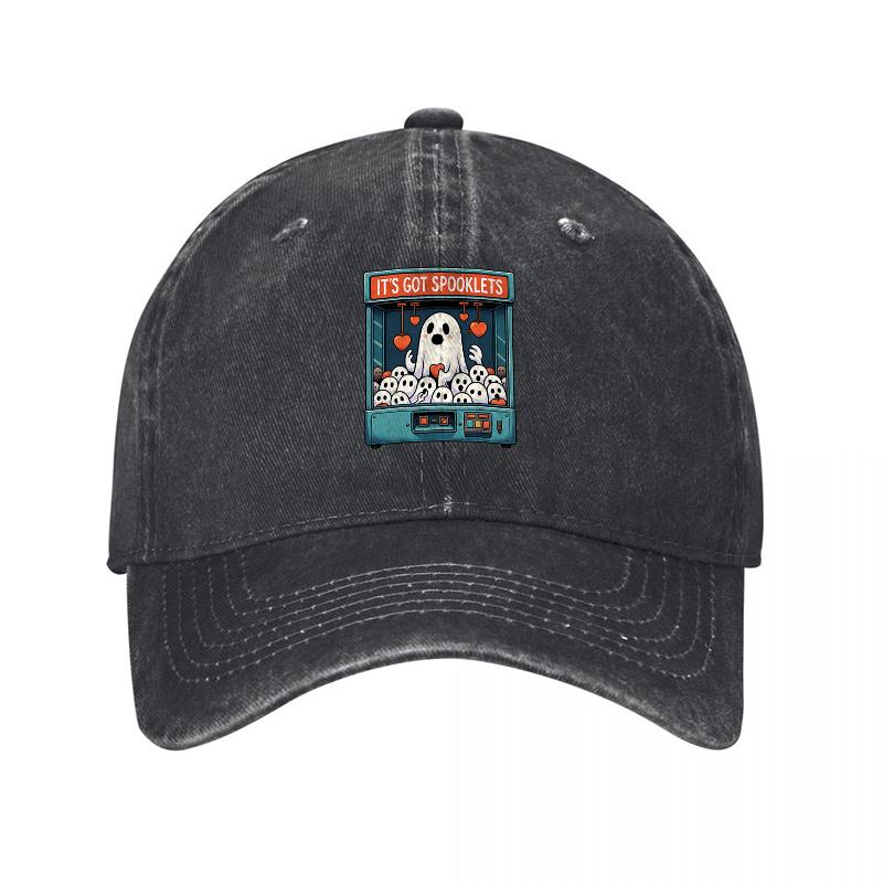 Cotton Canvas Washed Baseball Cap with Ghost Design Patch Retro Unisex Adjustable Hat for Daily Wear Casual Outfits