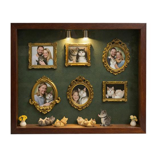 DIY Mini Museum Silhouette Box with Light Family Memory Photo Display Case Kit with 6 Gold Mini Frames 4 Miniature Cats 2 Potted Plants for Cat Lovers
