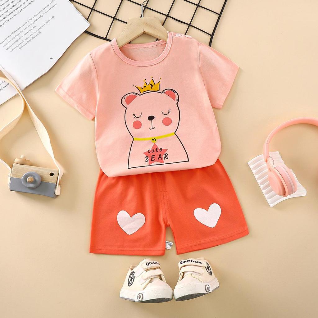 Kids' Summer Cotton Two-Piece Set: Cartoon Short Sleeve & Shorts for Toddlers