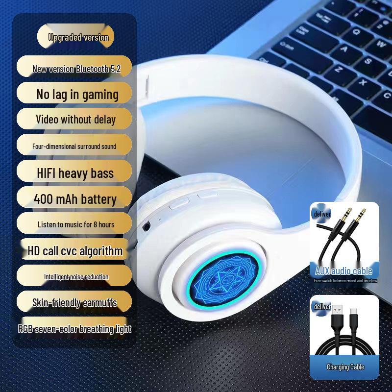 Kabellose Over-Ear Bluetooth-Kopfhörer mit Geräuschunterdrückung, leuchtendes Design für Männer und Frauen, ideal für Laufen und Laptop-Nutzung