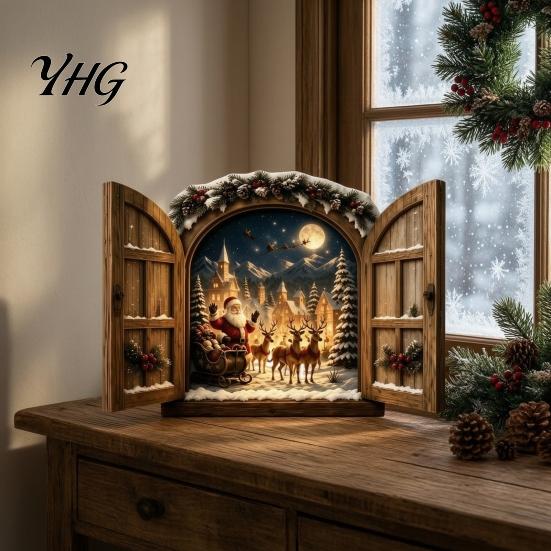 Christmas Party Hanging Light Santa Claus Window Light, 3D Lighted Wall Decor, Warm LED Reindeer Snowy Gift Box Idea Village Scene, USB Powered