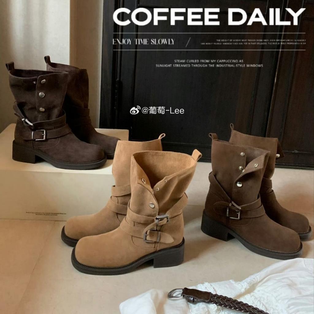 Cowhide Version~ Grape Mother Same Height Increase 5.5cm Martin Boots Women's Maillard Thick Heel Boots Thick-soled Buckle Short Boots