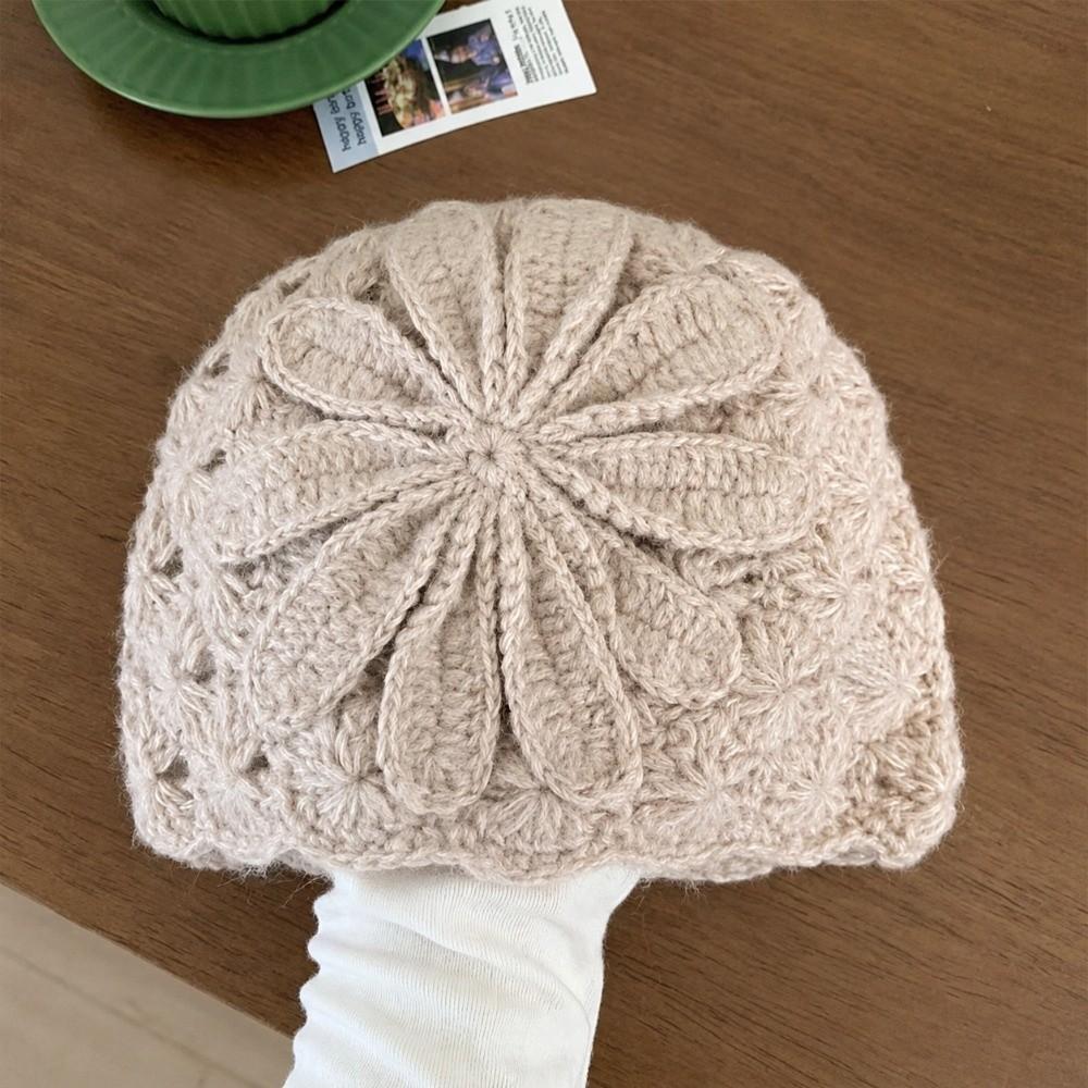 Flower Decorated Knitted Cap Warm Women's Beanie Retro Woolen Cap Outdoor