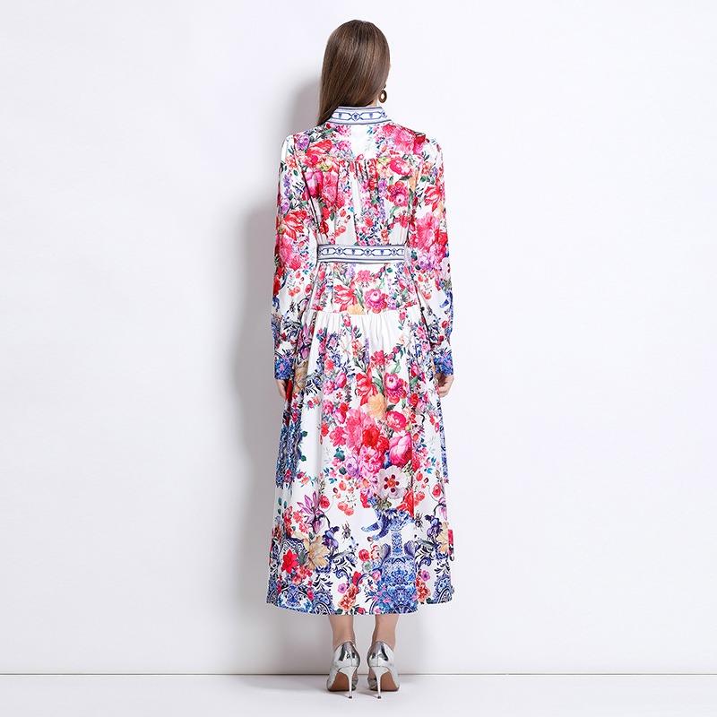 Spring Autumn Women Vintage Print Flower Runway Dresses Plus Size Stand Collar Single Breasted Oversized Loose Long Maxi Holiday Seaside Dress