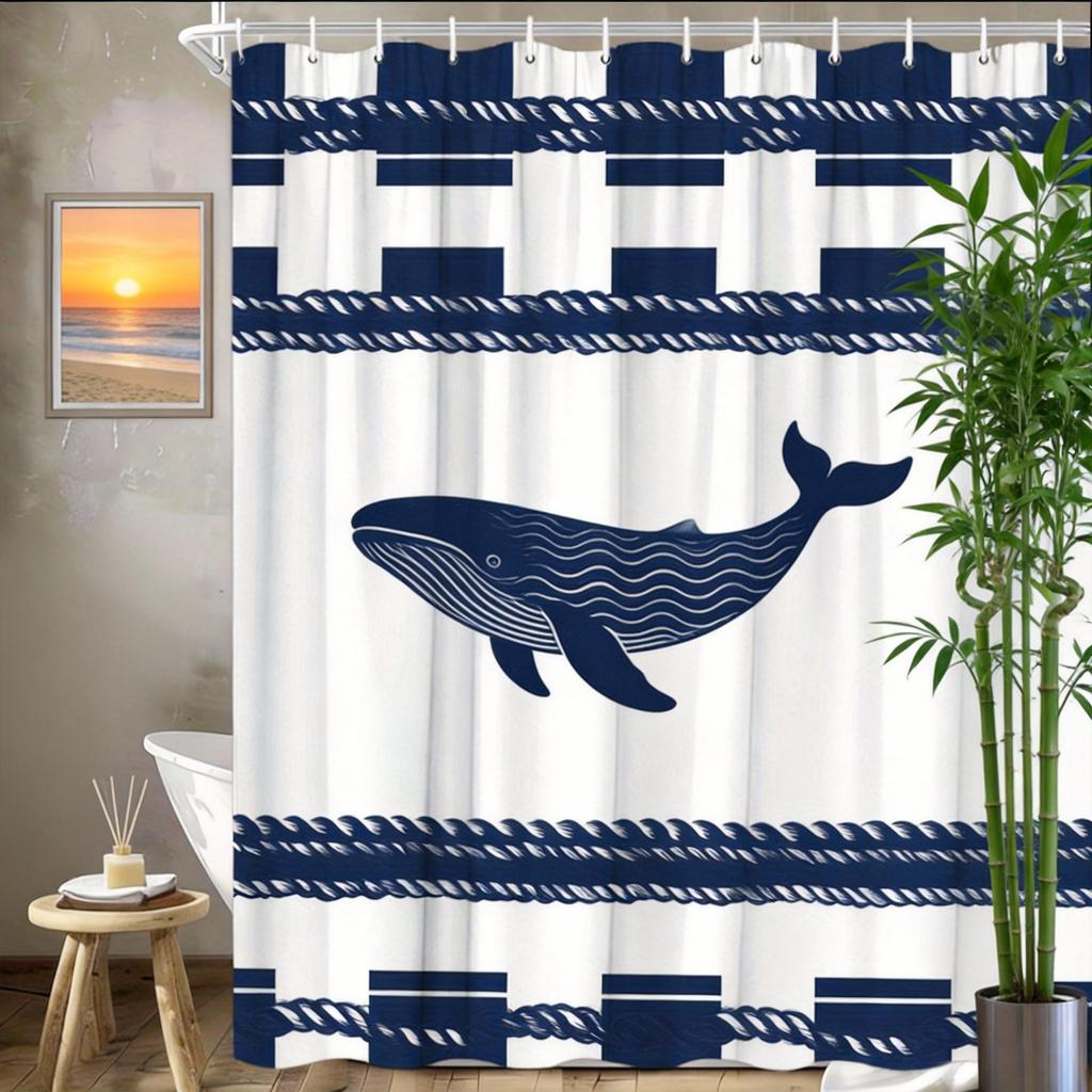 Nautical Shower Curtain 180x180cm – Dark Blue Anchor & Rope Design, Coastal Bathroom Decor, 12 Hooks