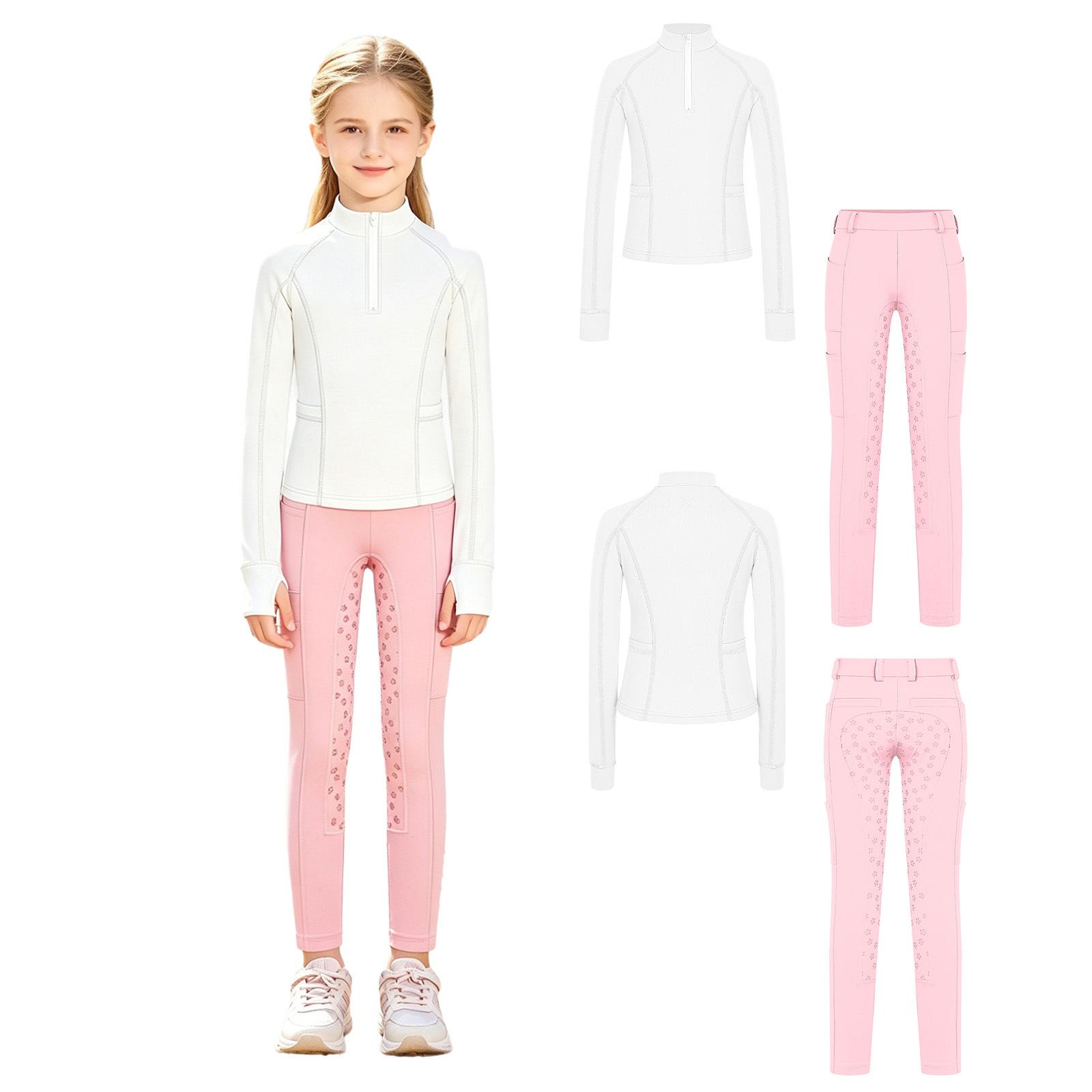 

Girls Horse Riding Outfit Stand Collar Long Sleeves Thumb Holes Zip Pullover Sweatshirt Anti Slip Full Seat Equestrian Breeches 3-4 Years