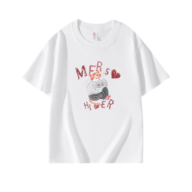 Summer new white round neck cotton short-sleeved t-shirt women s cartoon cat print casual loose lazy top S белый