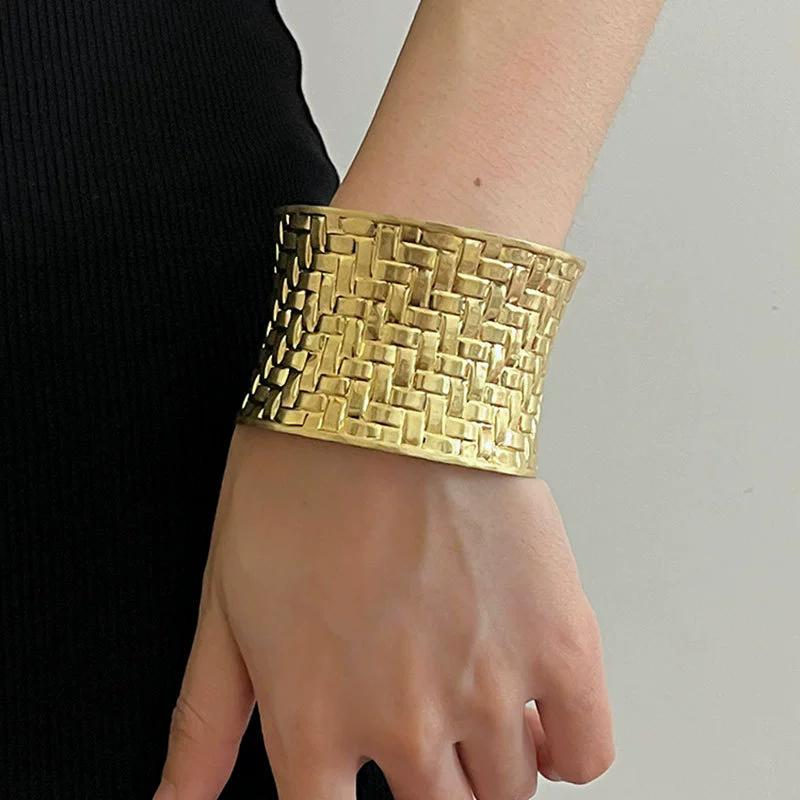Fashion Vintage Metal Woven Wide Self-Regulating Bangle Women Smooth Curved Open Bracelet Punk Jewelry Accessories