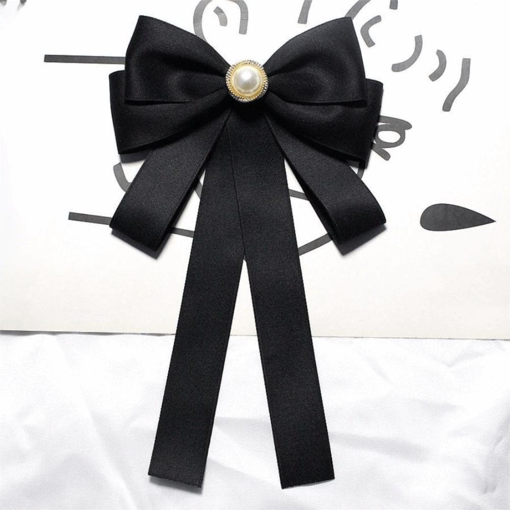 Pearl Black Ribbon Pin Rhinestones Ribbon Badge Brooch Elegant Black Bow Necktie  Mourning