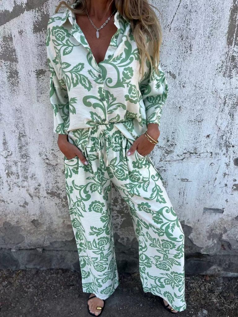 New Arrival Women's Casual Printed Three-Quarter Sleeve Two-Piece Set (Shirt and Pants)