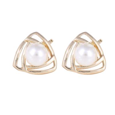 Womens Girls Sparkling Pearls Hollow Triangular Stud Earrings Gold