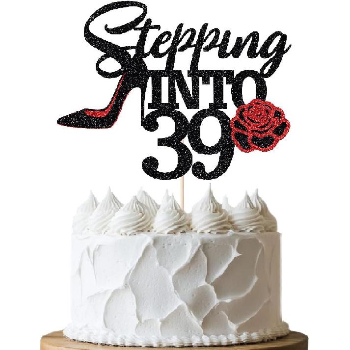Stepping Into 40 Cake Topper,Still Fabulous at 40 Cake Decor,Funny Happy 40th Birthday Party Supplies,Highheel Rose Sign Cheers to 40 Years Black Red 39