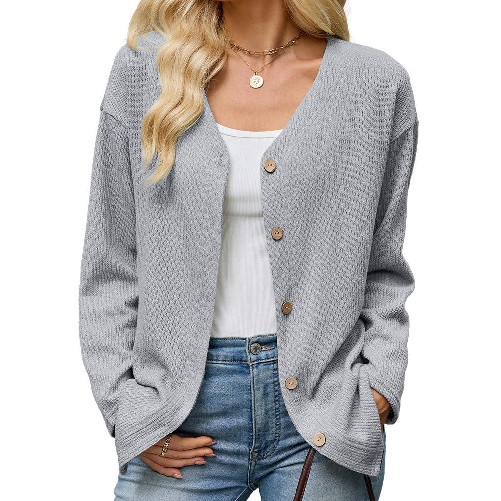 Europe, America 2026 Autumn and Winter New Solid Color V-neck Loose Long-sleeved Button Cardigan Jacket Women
