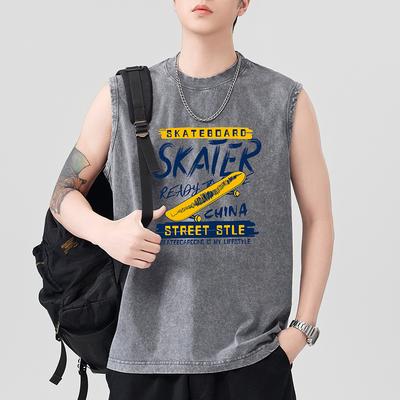 New 230g Heavy Pure Cotton Wash Vest Men's Print Solid Color Wide Shoulder Sleeveless Sports Shoulder