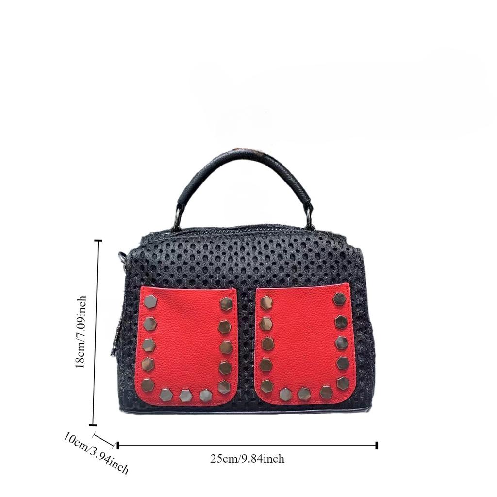 Women'S Mesh Shoulder Bag Large Capacity Splicing Rivet Crossbody Handbag