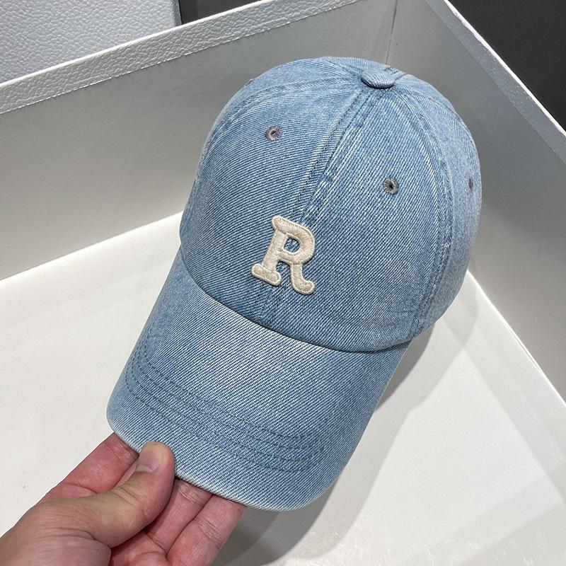 Korean washed denim embroidery R Letter baseball cap for men and women, versatile for spring and autumn, sun-protective, trendy duckbill cap