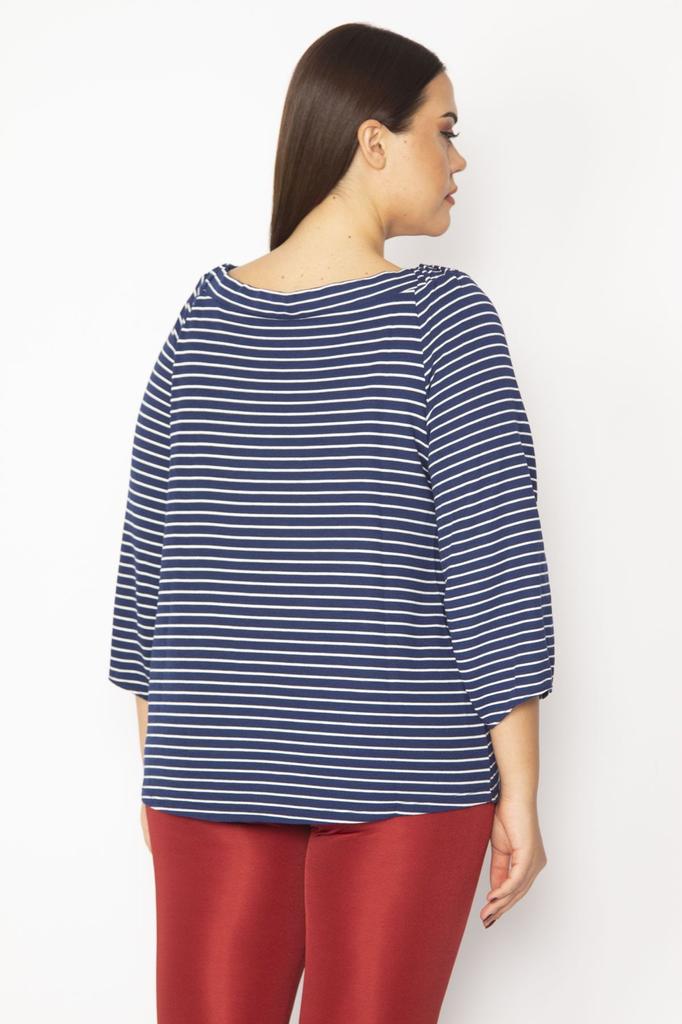 Women's Style Plus Size Tunic Large Size Navy Blue Striped Tunic With Elastic Collar And Gathering Detail On The Sleeves