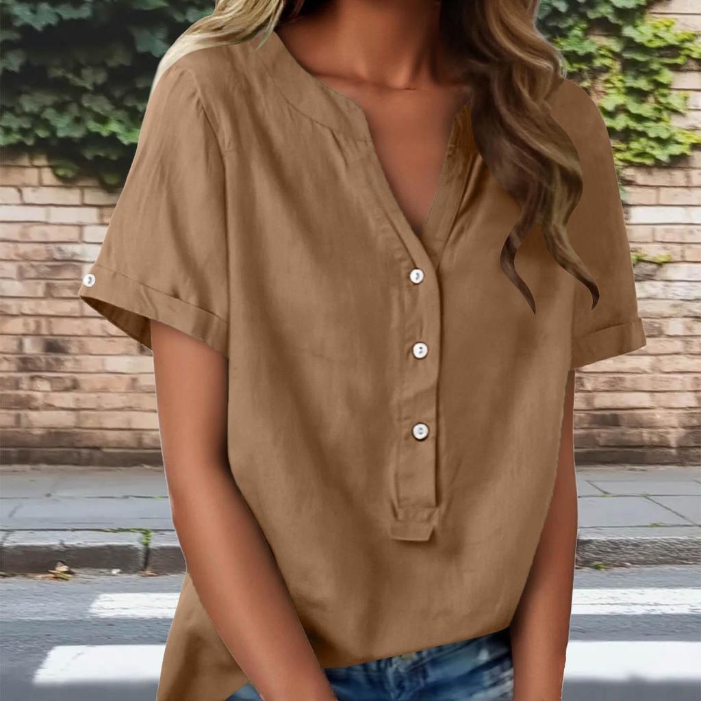 Fashionable Women's Linen V-neck Button Up Half Open Design, Fashionable Short Sleeved Shirt Color Top