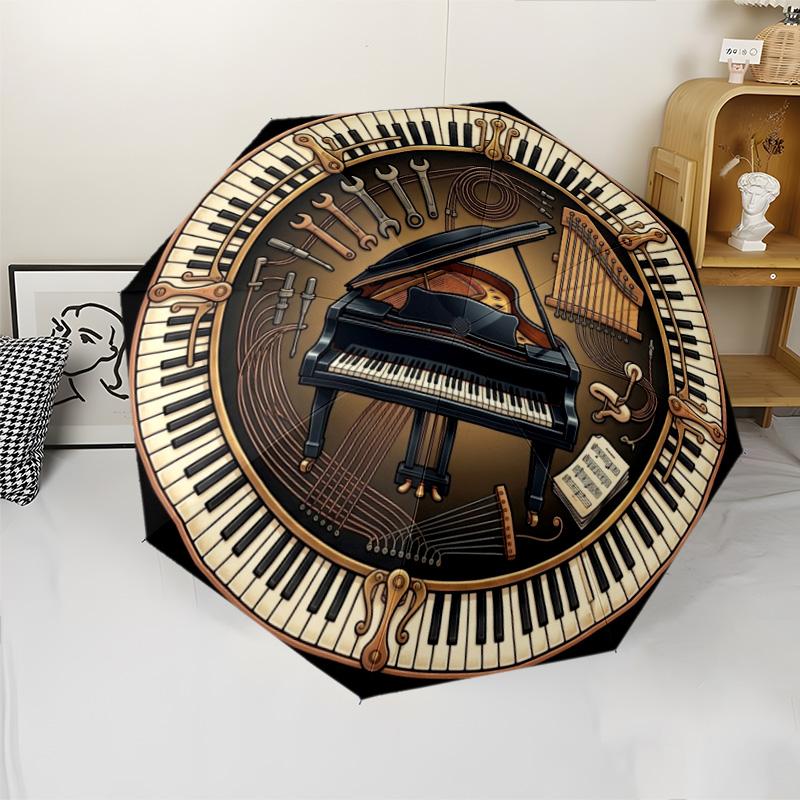 Piano Craftsmanship Emblem Pattern Umbrella, Portable and Foldable Design, 8 Ribs, a Casual Accessory for Halloween, Christmas, and Birthday Gifts.