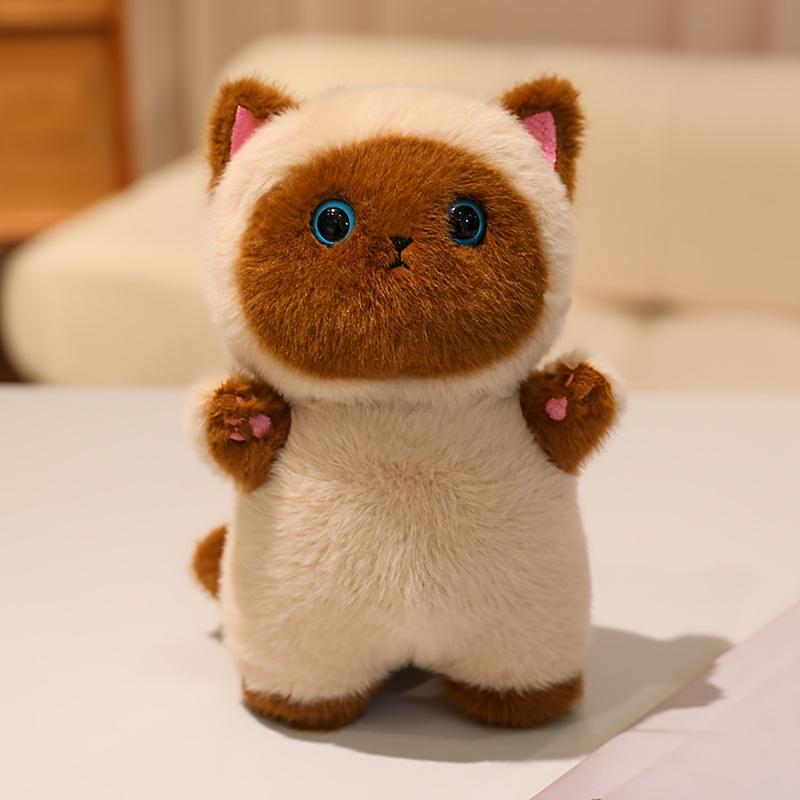 Soft Plush Cat Stuffed Animals - Cute Siamese-like Kitty with Expressive Eyes, Fluffy Ears - Beige/Gray/White/Black Colors - Safe Plush Toy for Kids,
