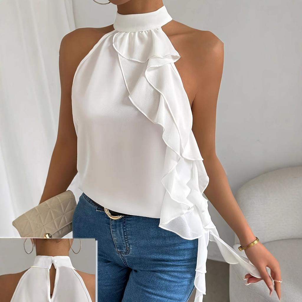 Top da donna con collo alto senza maniche allacciato al collo vestibilità aderente elegante tinta unita con balze in chiffon camicetta