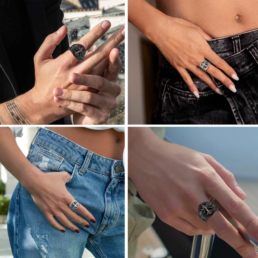 Stainless Steel Crescent Moons Star Rings for Man Woman The Rays of The Sun Ring Size 7-14 Retro Style Couple Jewelry Gift