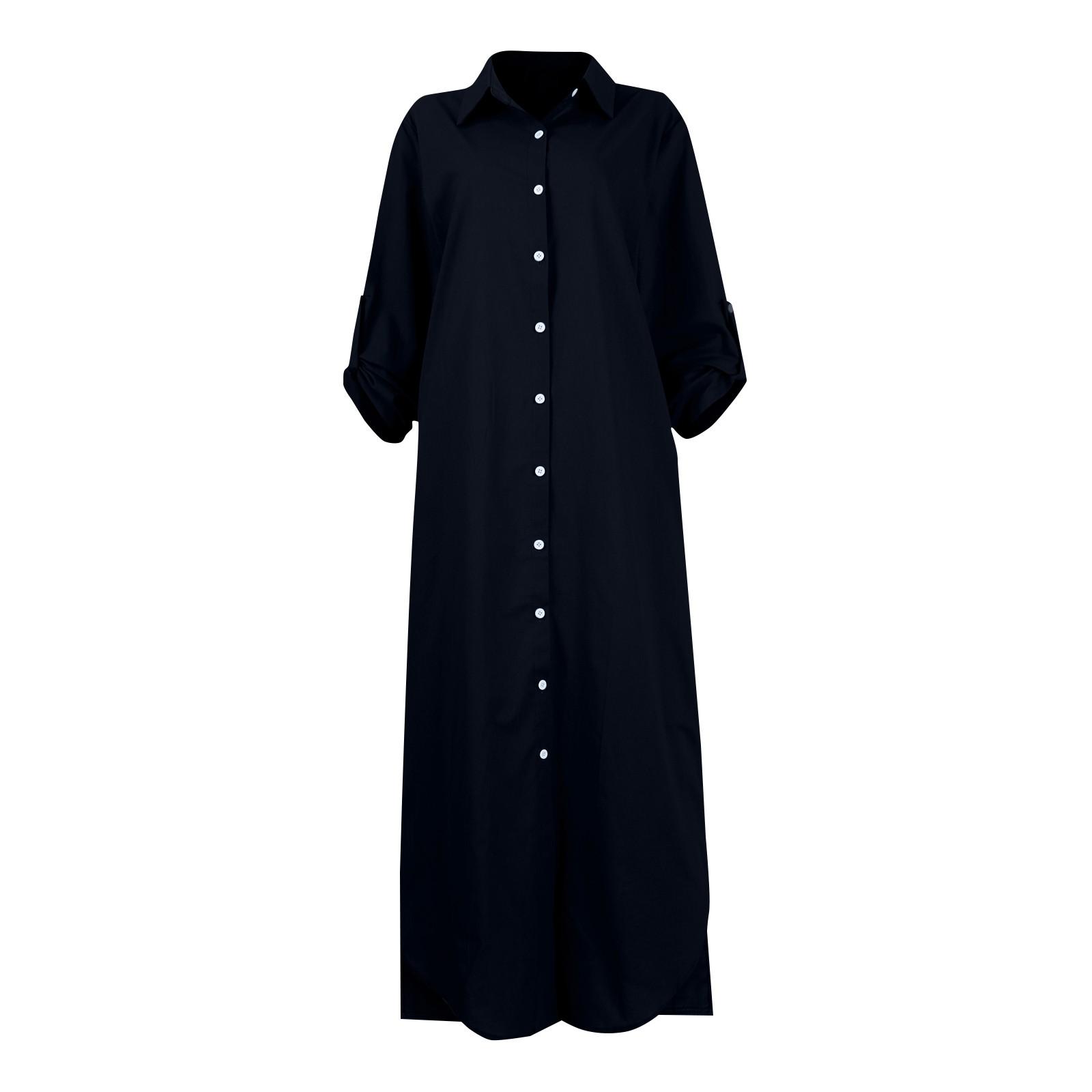 Женское модное повседневное платье-кардиган из хлопка и льна с длинными рукавами XL синий — фото 4