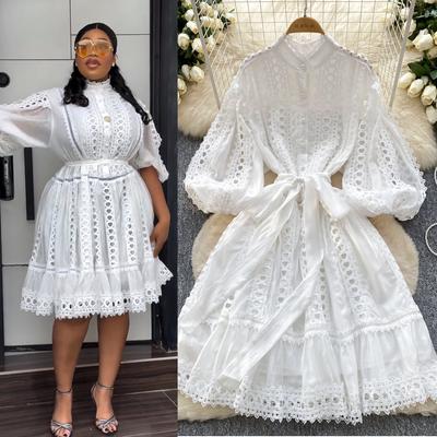 Spring and Summer New Lantern Sleeves Retro Hollow Lace Splicing Single-breasted Buckle Loose Lace-up Short Dress Dress Women