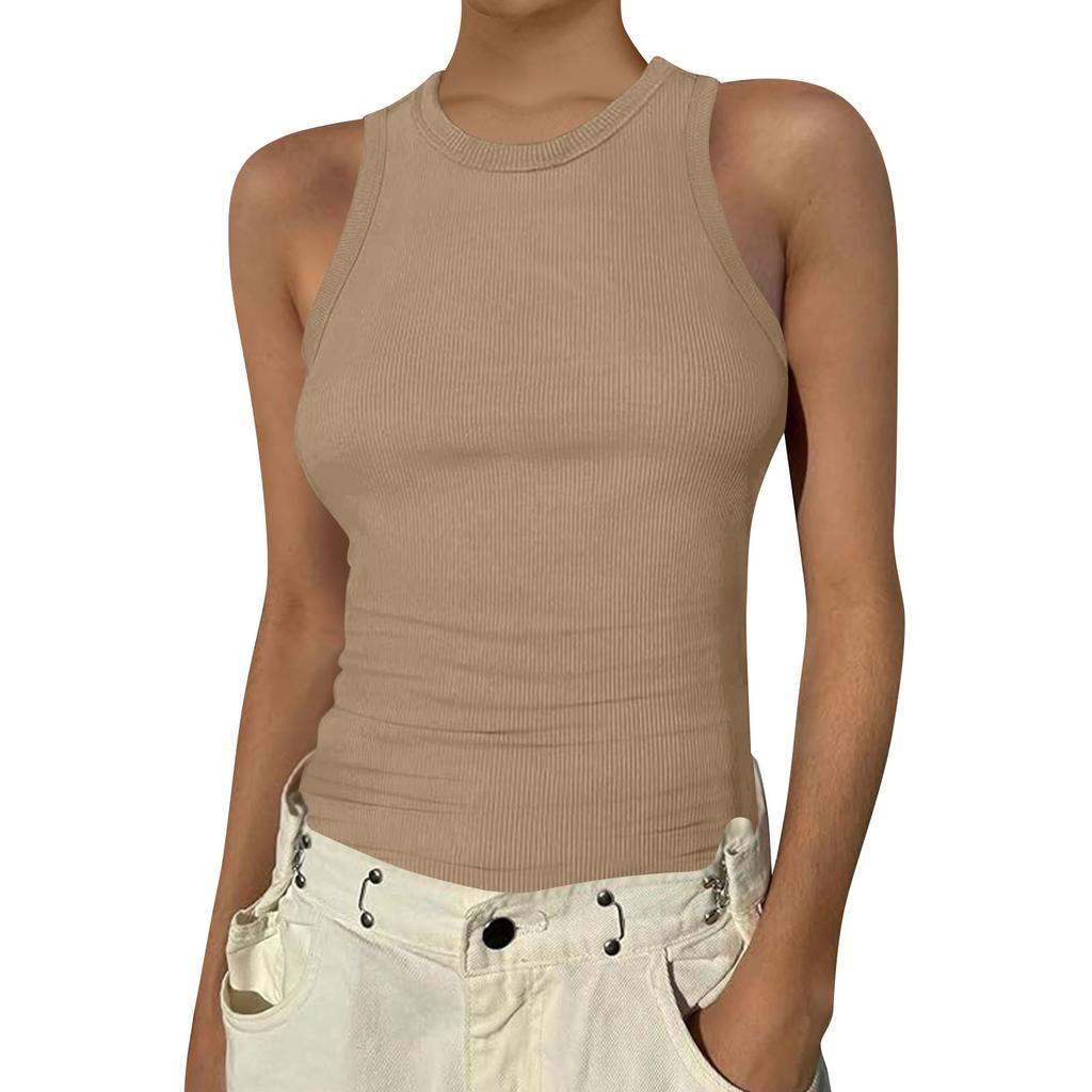 Women's Summer Fashion Casual Color Round Neck Sleeveless Top Tight Tank Top