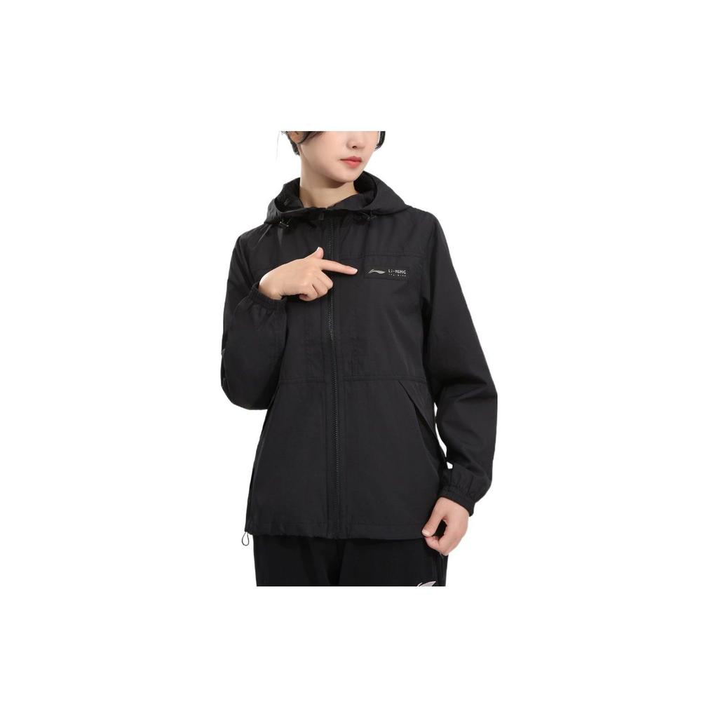 Li Ning Logo Printed Zip-Up Hoodie Women jackets Black AFDR832-6