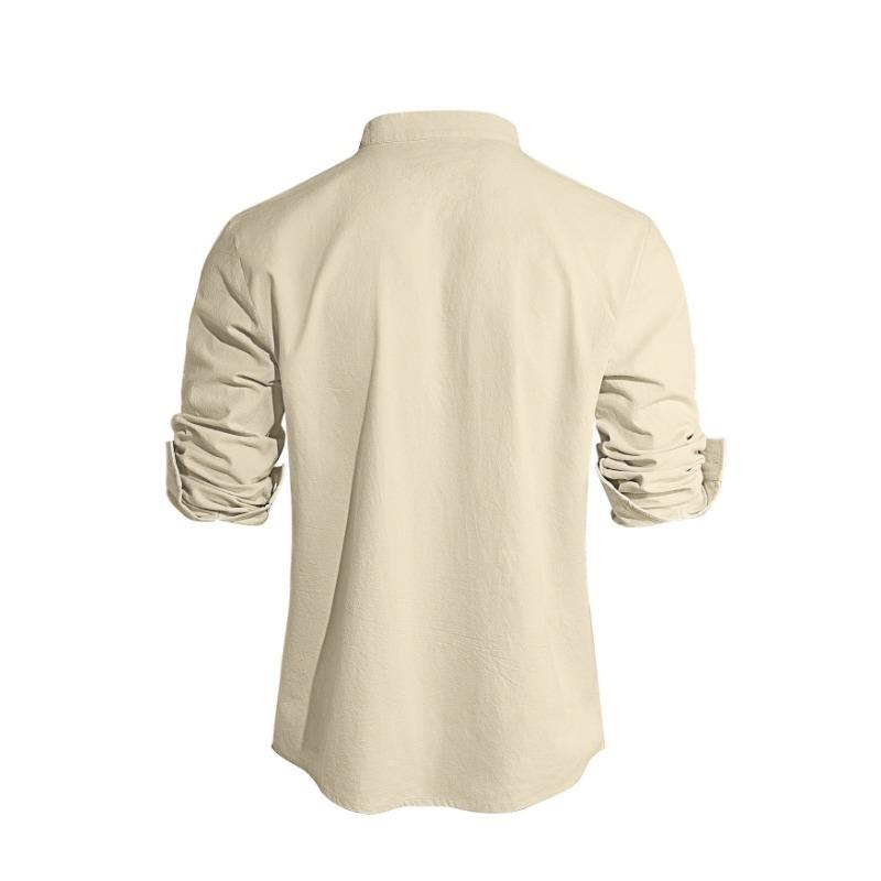 Spring New Men's Solid Color Stand Up Collar Long Sleeved Cotton and Linen Fashionable Casual Top