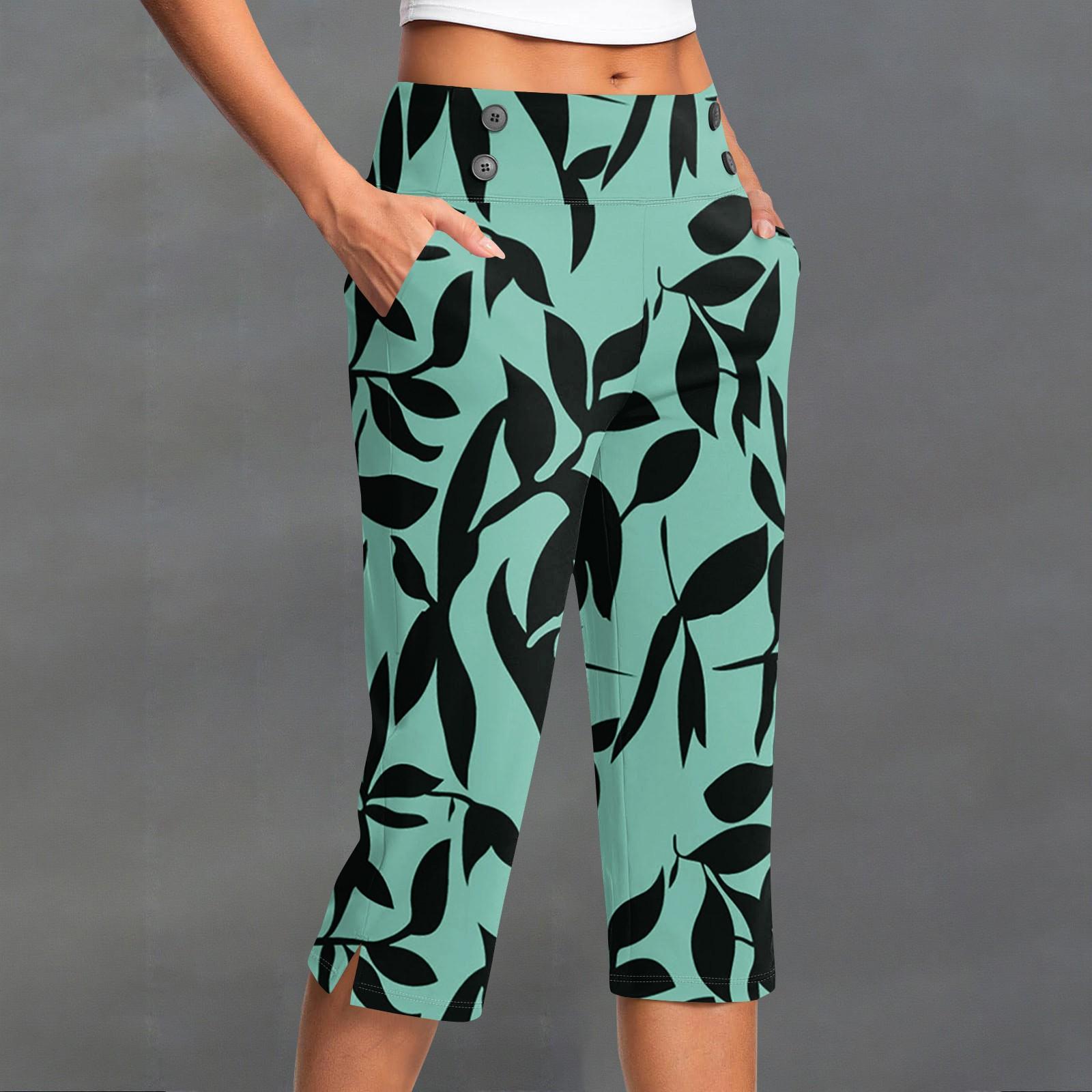 

Женские винтажные брюки с цветочным принтом, на пуговицах, с карманами, с разрезом, с высокой талией, спортивные, для йоги, повседневные S циан