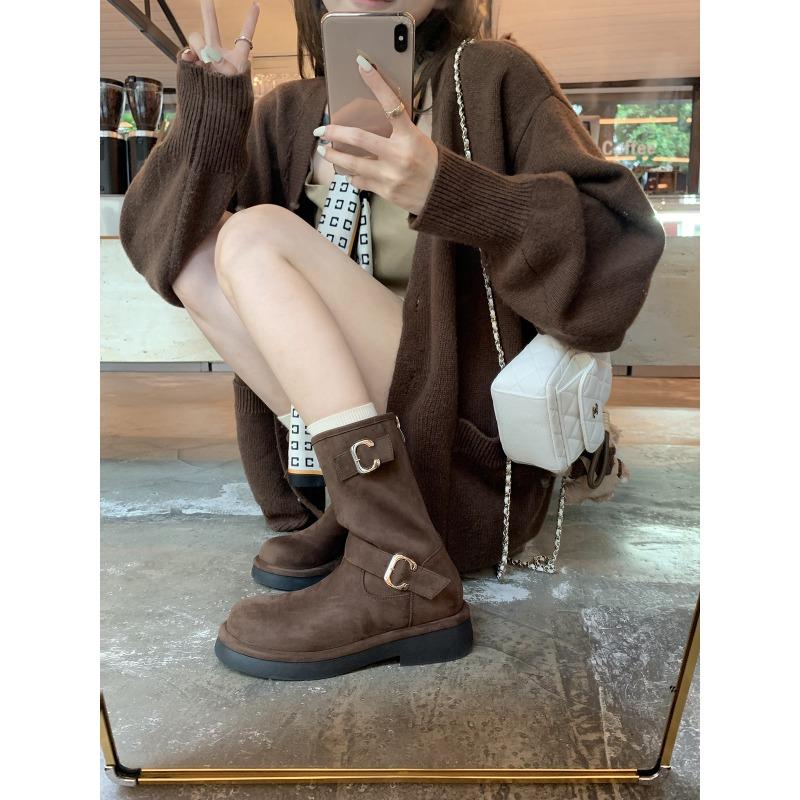 Cowhide version of retro locomotive buckle with round head thick sole heightening medium tube short boots autumn and winter Martin boots women
