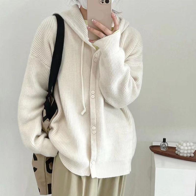 Suéter de otoño e invierno para mujer, cárdigan de punto con capucha, suéter suelto suave, abrigo, Top de manga larga