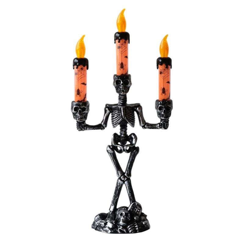 Skull Candelabra Halloween Decoration Skeleton Candlestick with Flameless Candle LED Light for Mantels Tabletop Porch