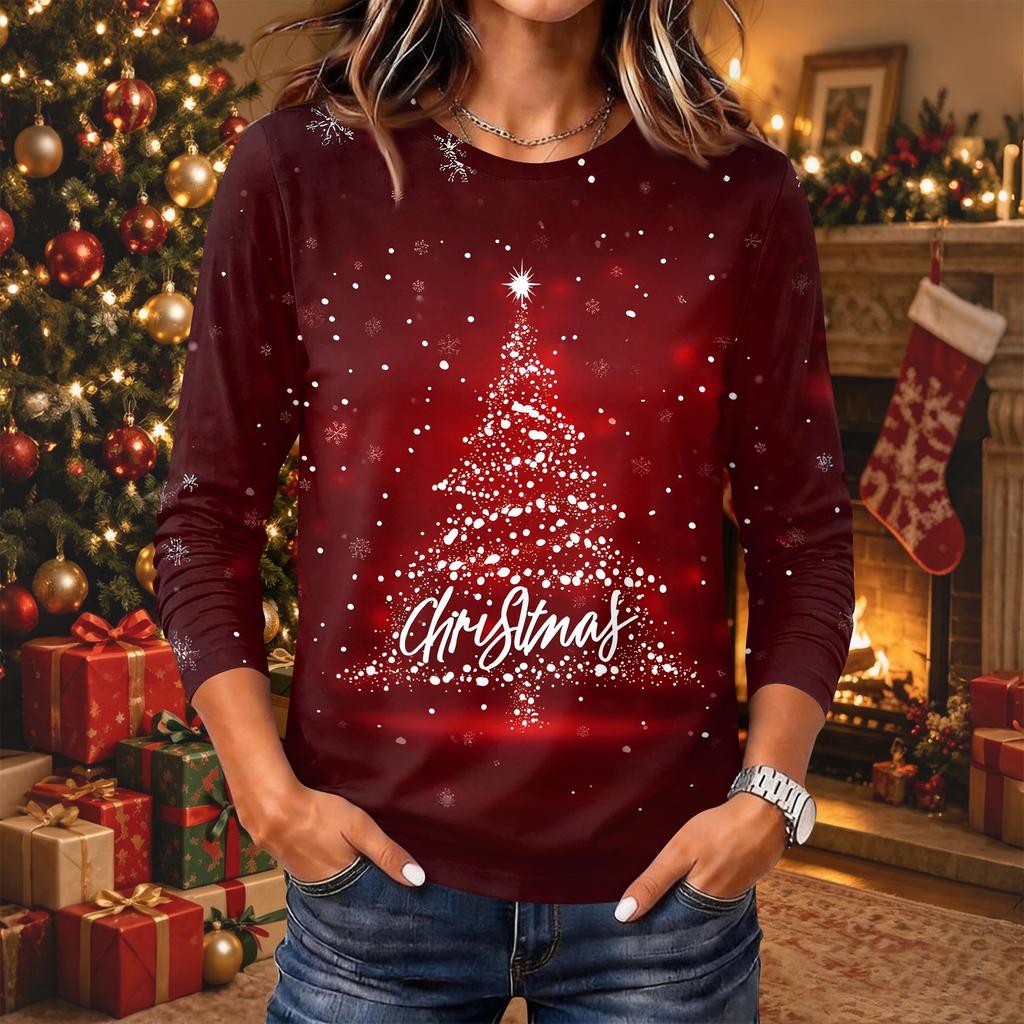 Women's Christmas Print Long Sleeve Neck Pullover Top