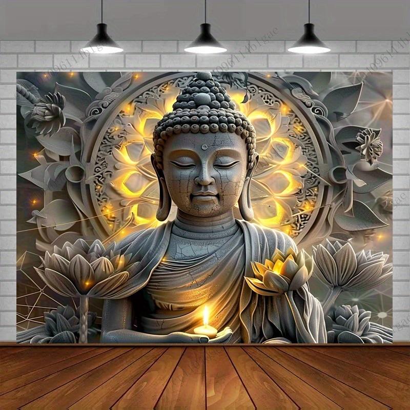 Serene Buddha Statue In Meditation Pose Wall Tapestry Eastern Inspired Art Add a Touch of Zen To Your Space Printed Tapestry