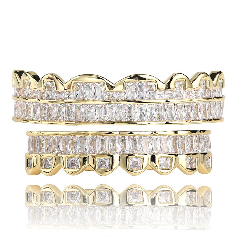 Hip Hop Copper TeethGrillz Set Micro Paved Cubic Zircon Mens Top&Bottom Grills Set With Extra Silicone