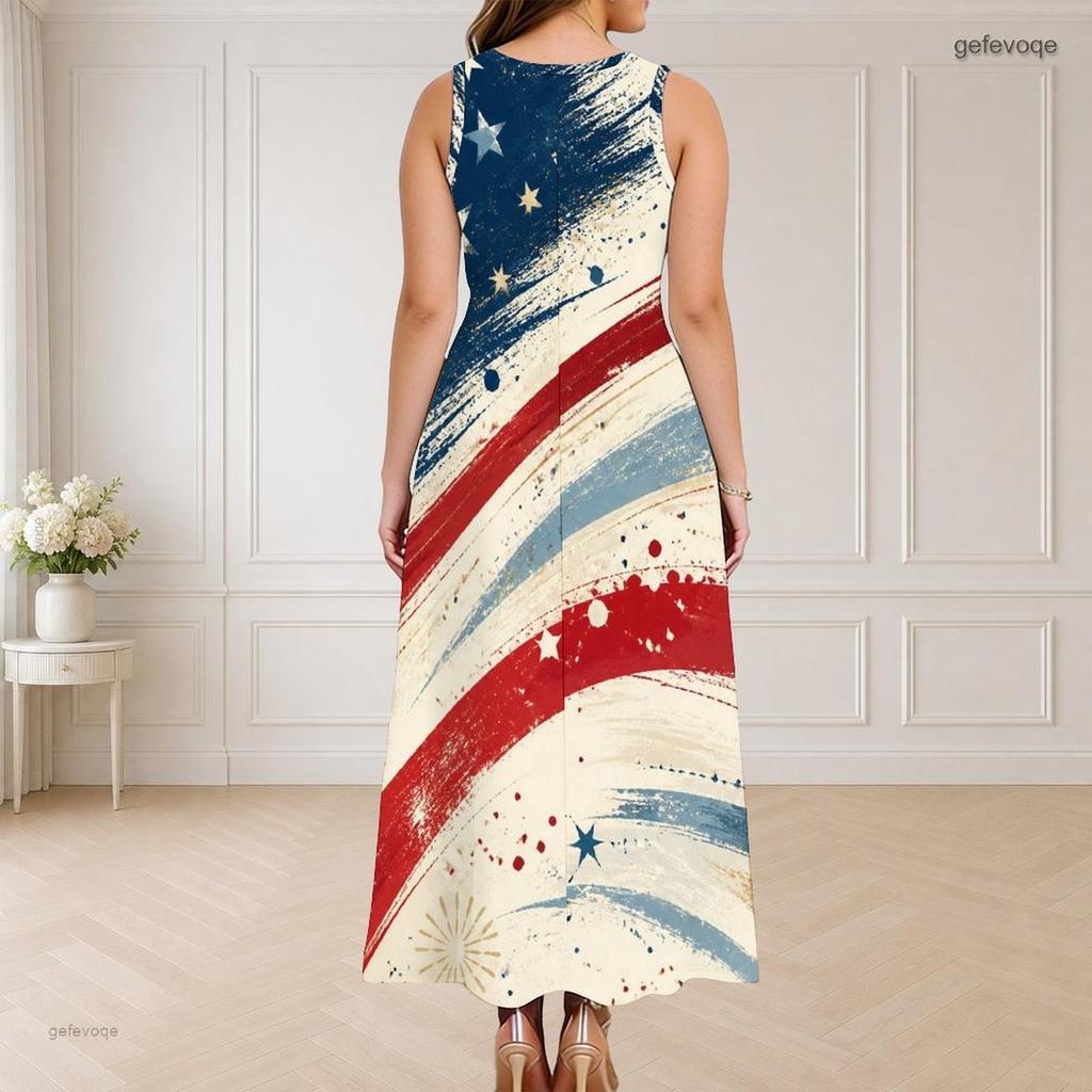 Women Plus Size Round Neck Triple Keyhole Cutout Sleeveless Printed Red Blue Beige Long Dress