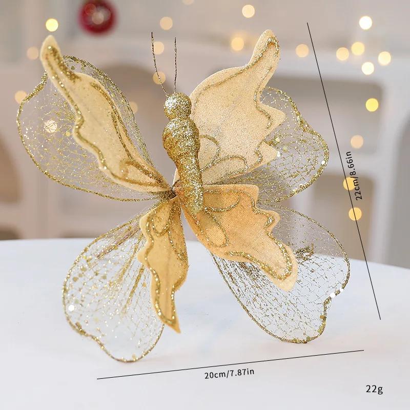 20cm High-end Fabric Sequin Glitter Simulated 3D Butterfly Hanging Pendant for Christmas Tree Decoration Wedding Birthday Party