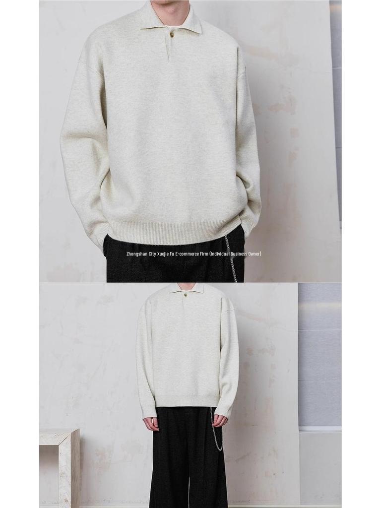 Men’s 2024 Winter Grey Sweater: Old Money Style, Thick Knit, Small Turn-Down Collar.