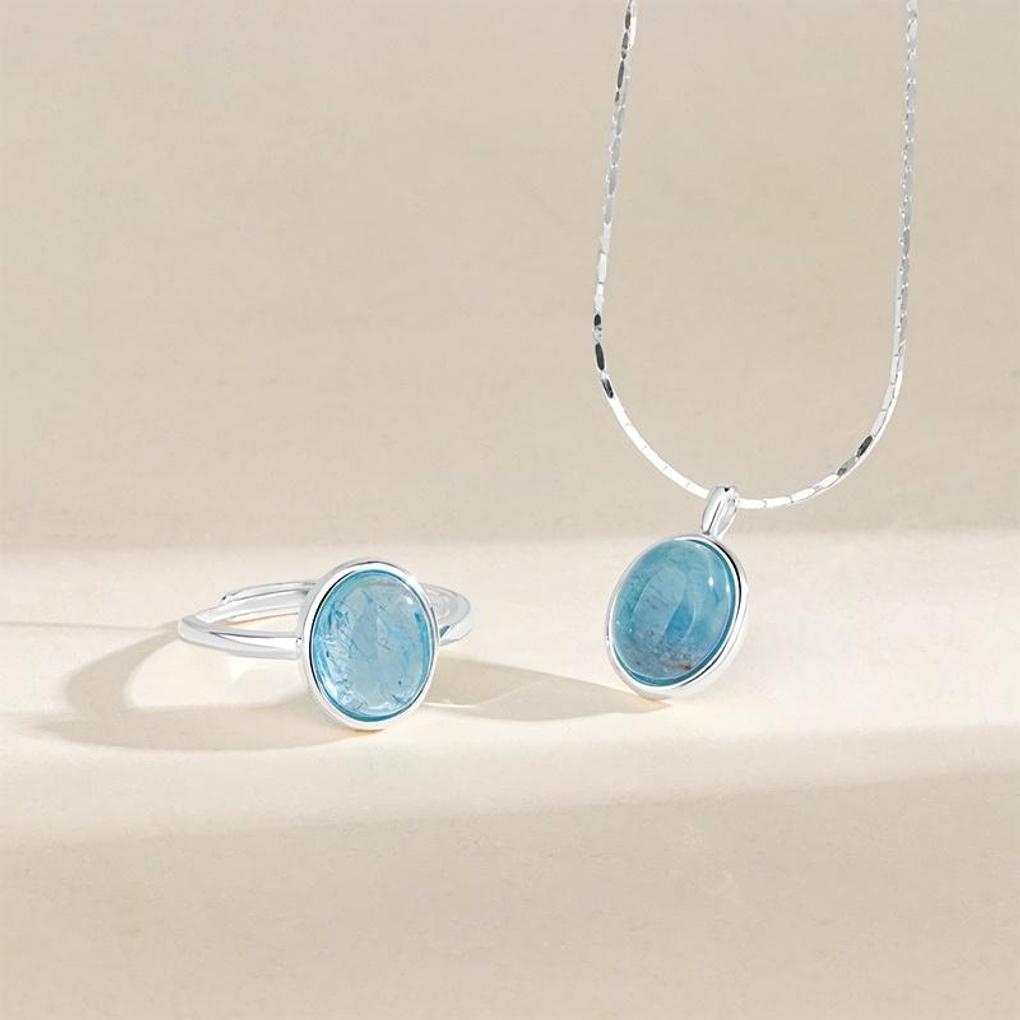 Women's Silver Cubic Blue Layered Ring Necklace Set