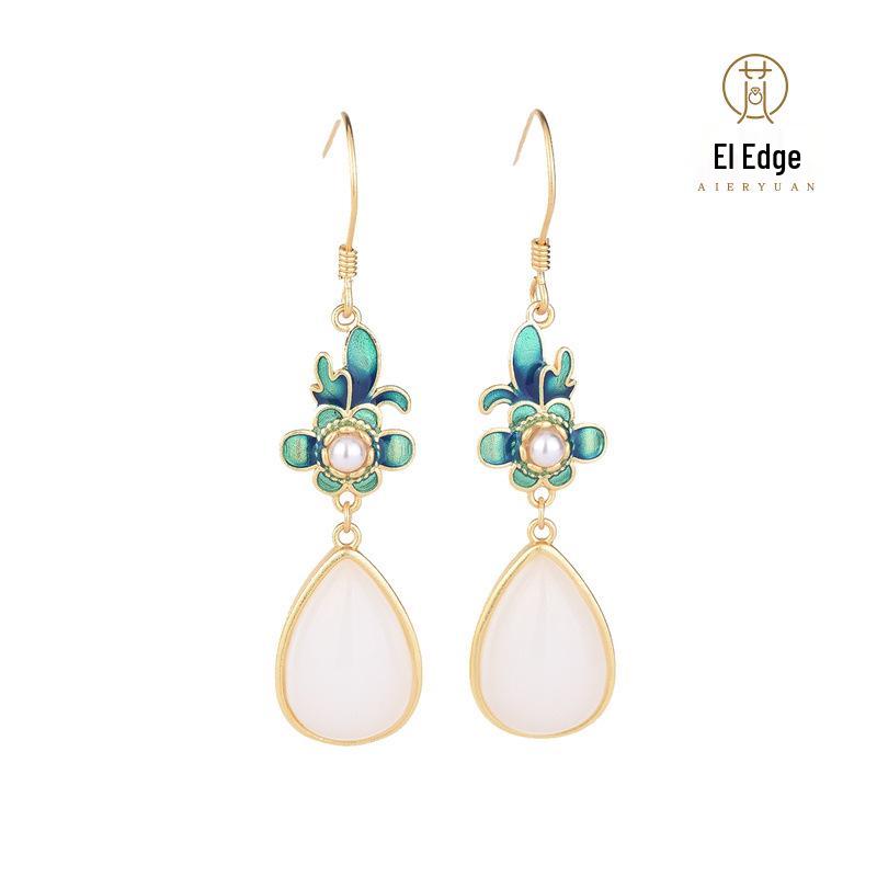

Classic National Trend Jade & 925 Silver Stud Earrings Electroplated 24K Gold