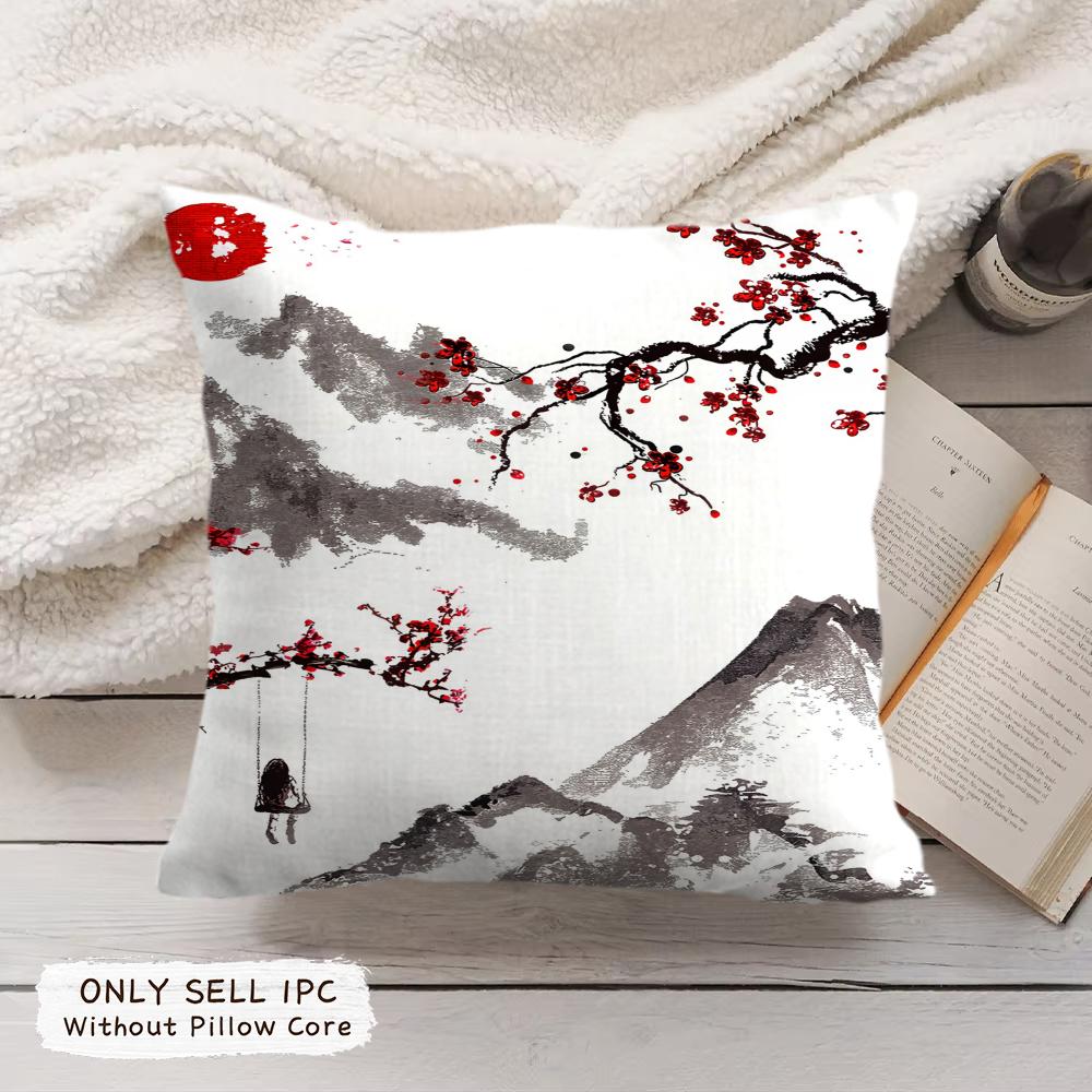 Japanese Pagoda Landscape Cushion Cover Soft Short Plush Pillow Cover Smooth Cozy Texture Aesthetic Cushion Case Home Decor